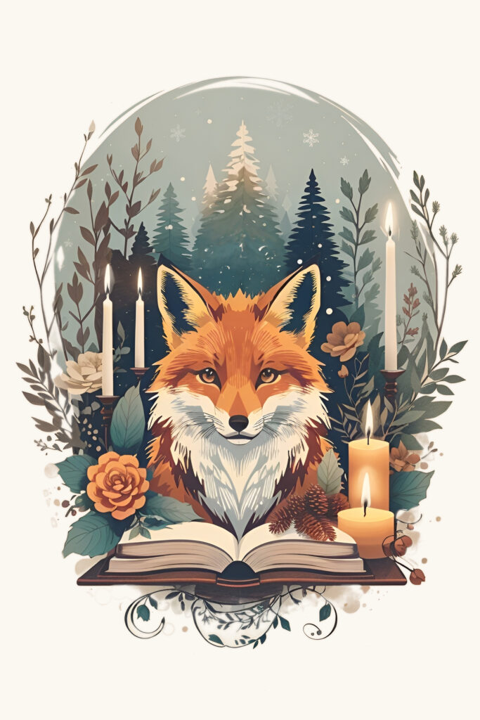 Vintage graphic of a fox writing in a book surrounded by candles and nature