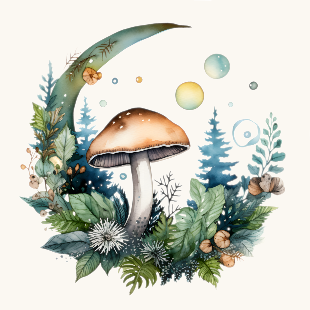 Botanical crescent moon watercolor graphic with mushroom