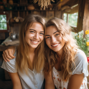 two lovely cottage core women with smiling pearly teeth