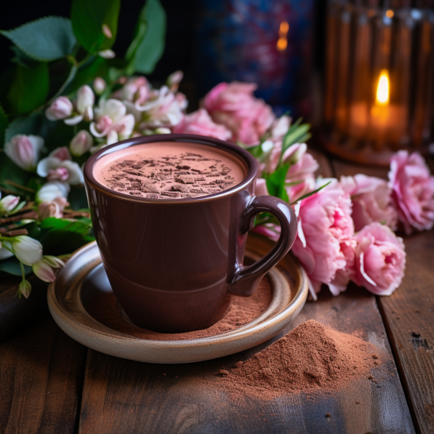 cup of ceremonical cacao sitting on a cozy table with flowers aesthetic