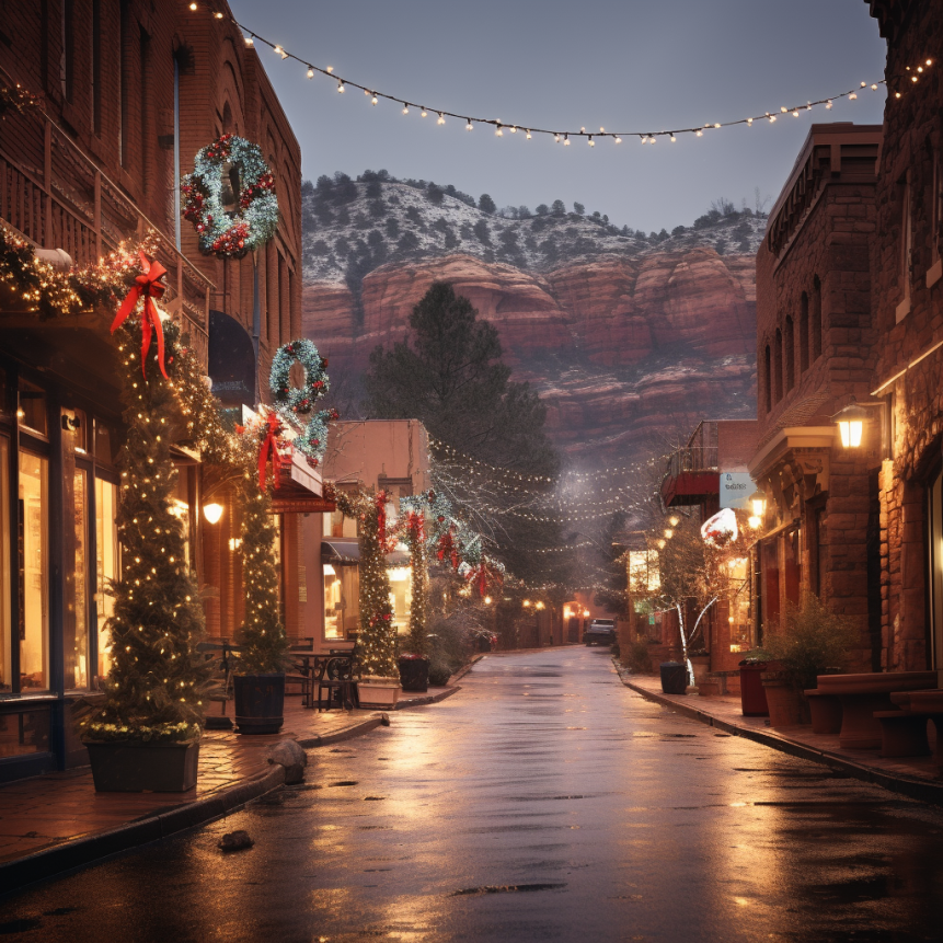 Unique charm of Sedona Arizona with light junipers and red mountains on a lit up street 