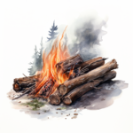 Watercolor painting of yule logs burning in a forest with smoke