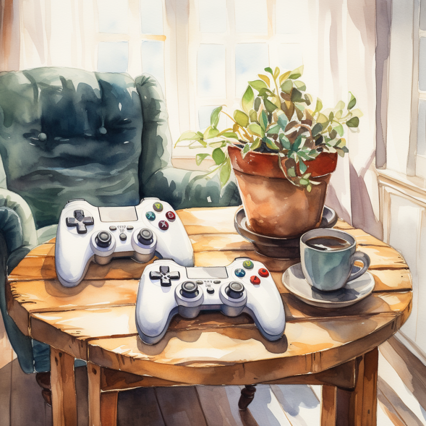 watercolor painting of game controllers sitting on a table