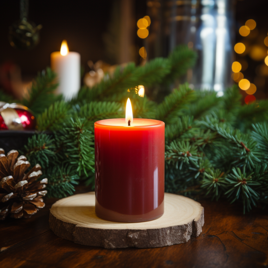 Red Candle sitting on on a table with evergreens and pinecones