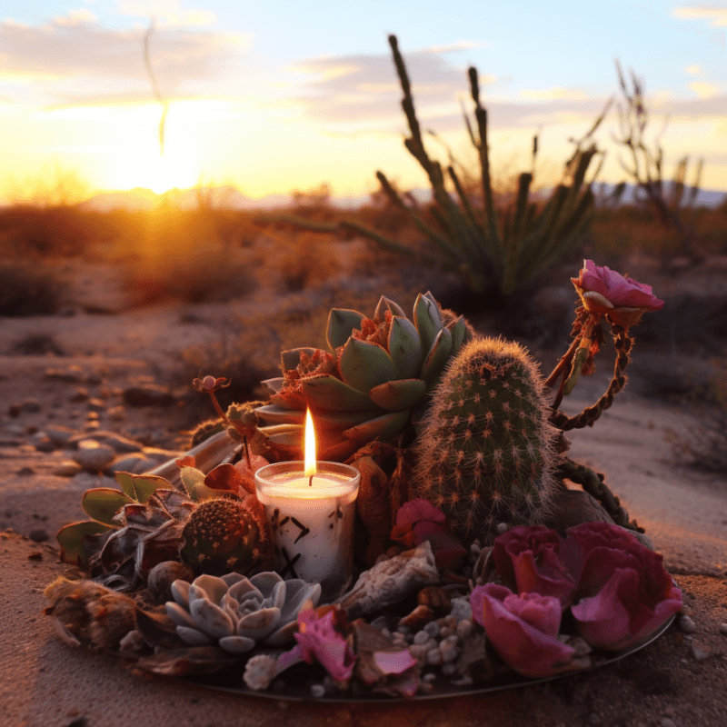 desert landscape with alter with candle in middle and cacti, branches