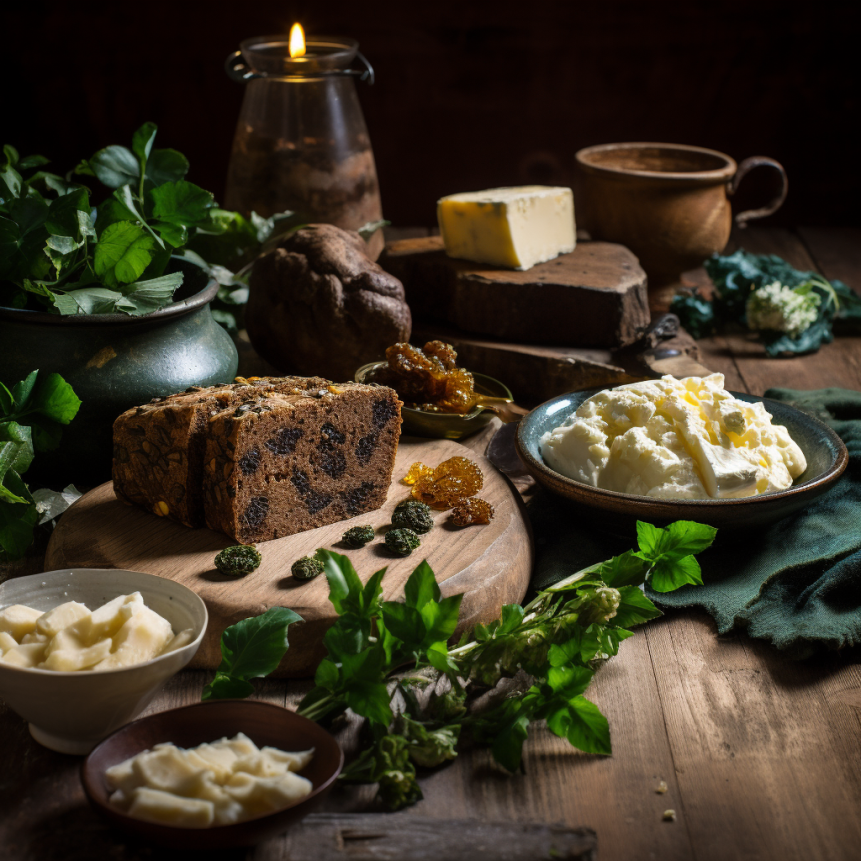 Soda bread for Imbolic on a table full of dairies , butters, and herbs