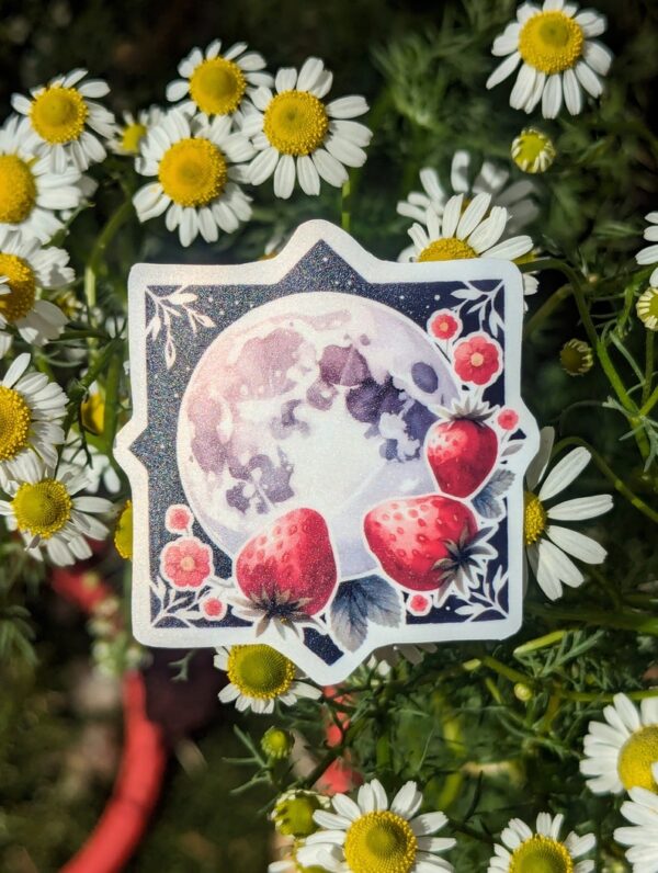 Strawberry Full Moon Sticker | Pagan Witch Moon Decorative Sticker for Grimoire, Journal Planner, Book of Shadows | Waterproof Matte Finish - Image 2