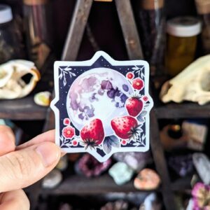 Strawberry Full Moon Sticker | Pagan Witch Moon Decorative Sticker for Grimoire, Journal Planner, Book of Shadows | Waterproof Matte Finish
