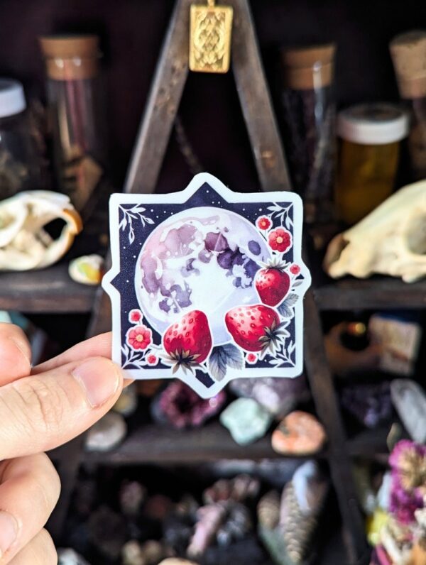 Strawberry Full Moon Sticker | Pagan Witch Moon Decorative Sticker for Grimoire, Journal Planner, Book of Shadows | Waterproof Matte Finish