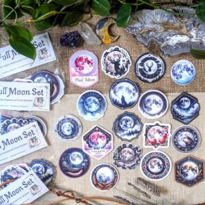 18 Full Moon Sticker Bundle Set | Pagan Witch Moon Decorative Stickers for Grimoire, Journal Planner, Book of Shadows | Waterproof Matte